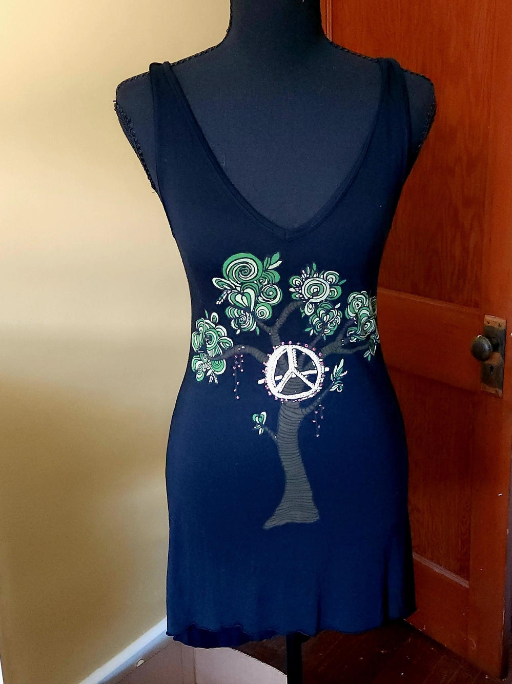 Signorelli Black V-Neck Slip Dress with Green Floral Peace Tree